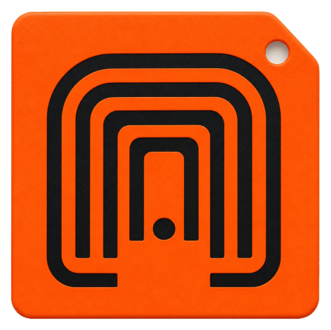 The TRACEGRID tag: an orange molded tag with a clipped corner, a hanging hole and black nested arches around a single dot