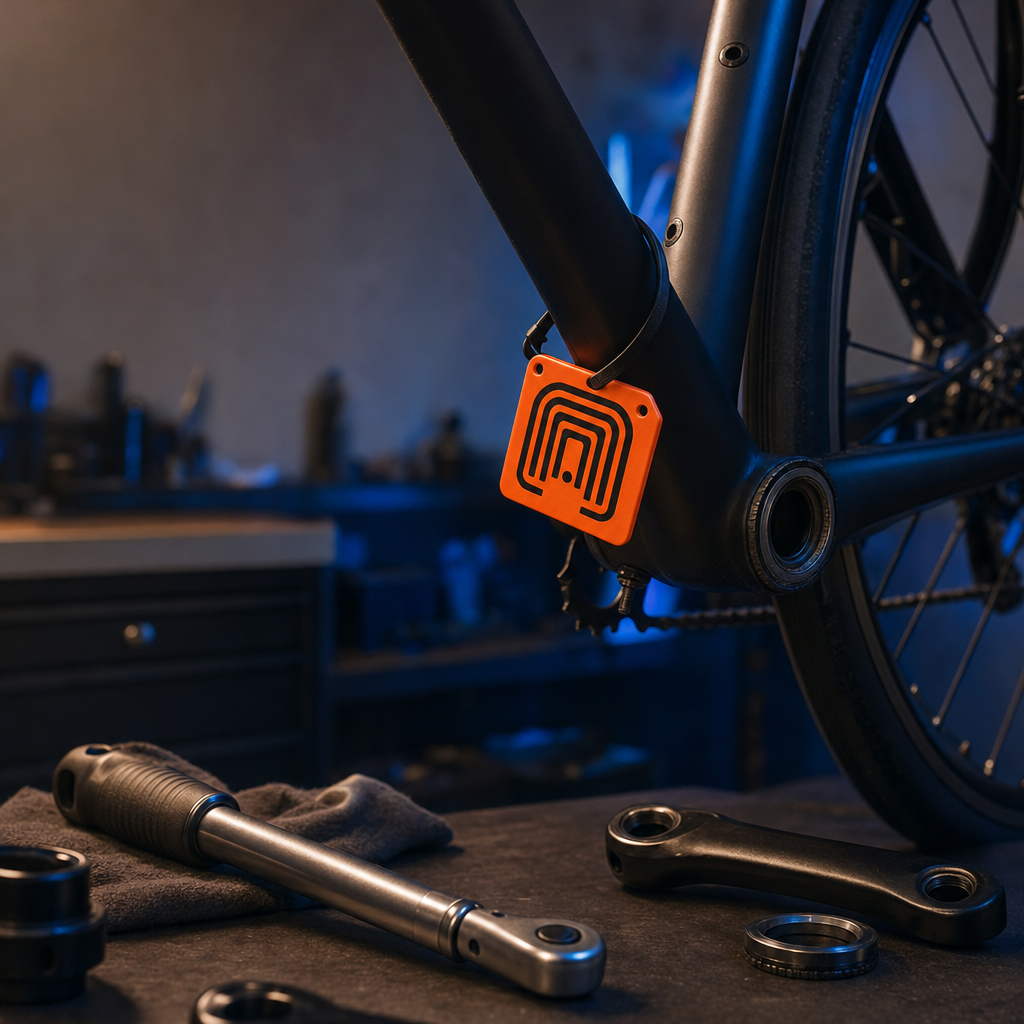 The orange TRACEGRID tag strapped to a bicycle frame beside the bottom bracket, on a workshop bench with a torque wrench and a removed crank arm
